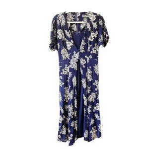 Jamie Brooke Dress Rayon Crinkle‎ Vintage 90s Navy Floral Midi Size Medium 1990s